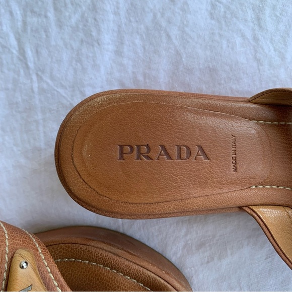 Vintage Prada Triangle Logo Wood Platform Thong Flip Flop Sandals Heels - Picture 2 of 10